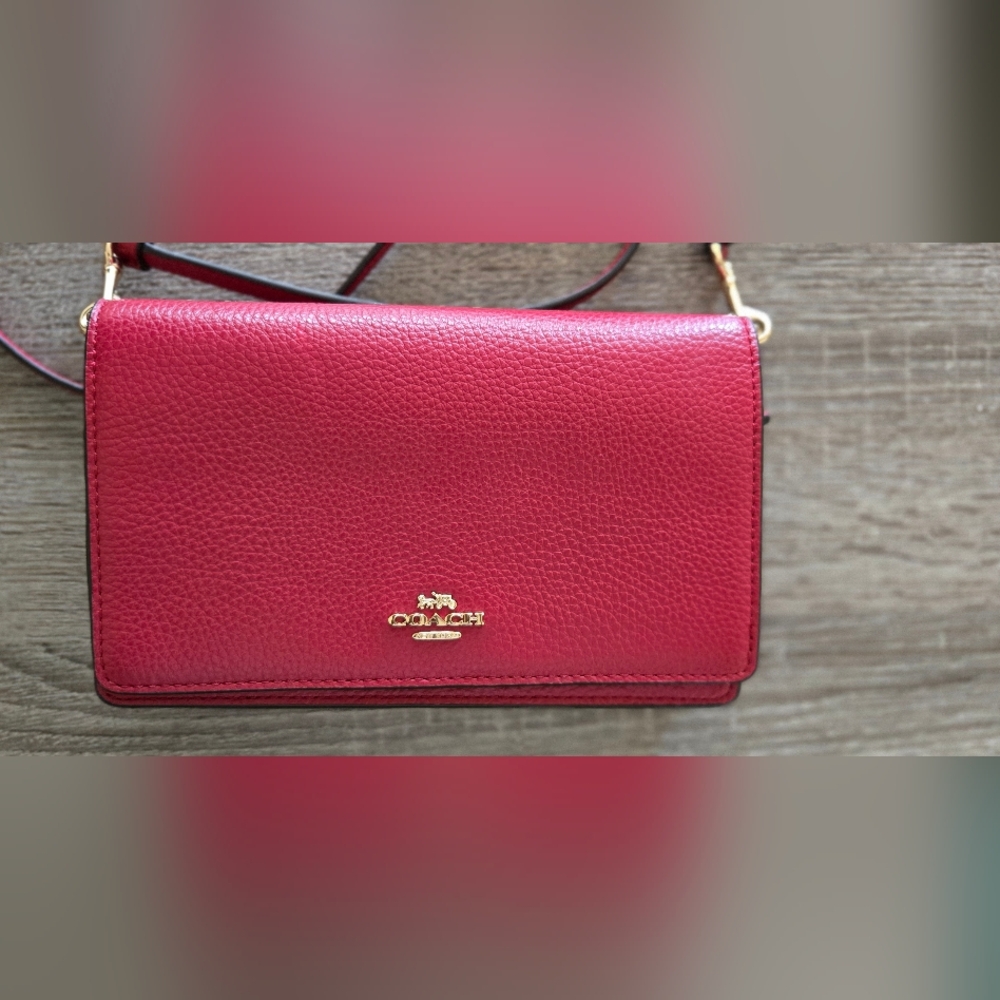 Coach Red Pebbled Leather Crossbody Bag with Gold Logo